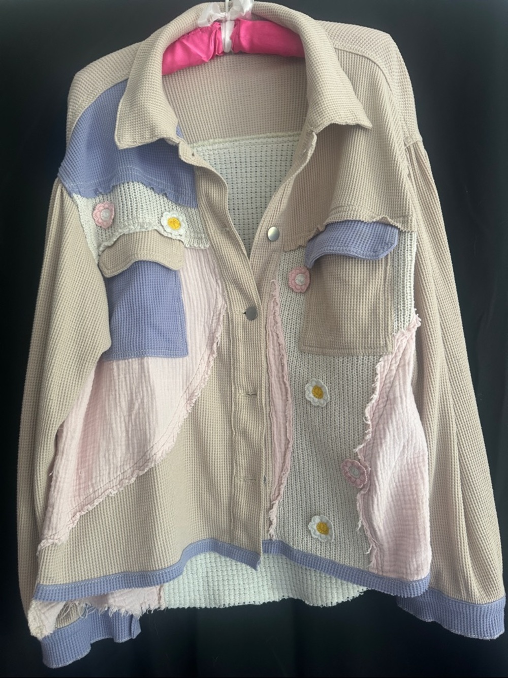 POL Pastel Patchwork Cardigan Jacket in Beige, Pink & Lavender